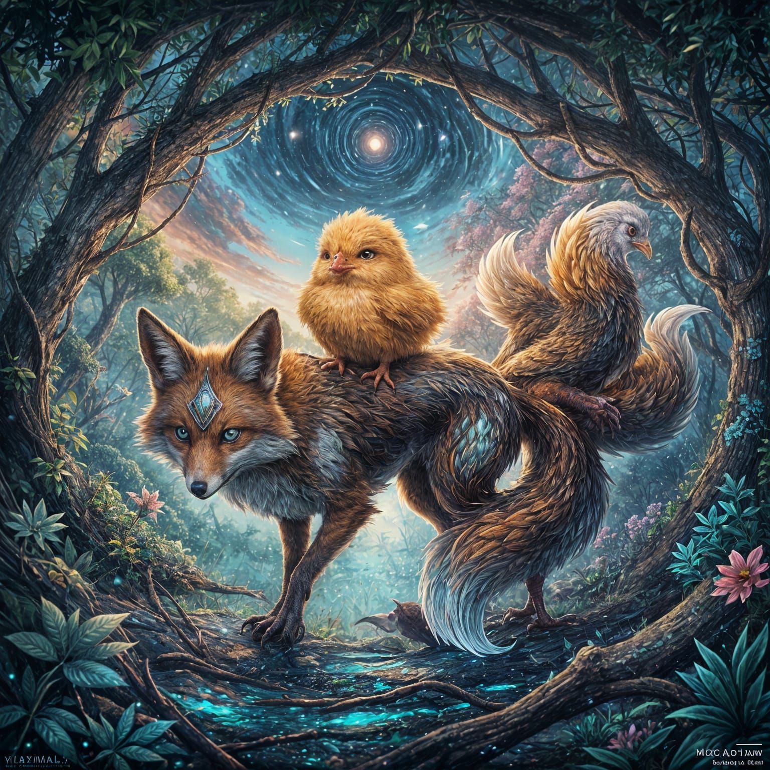 Cute Chicken Rides Epic Fox in Digital Illustration