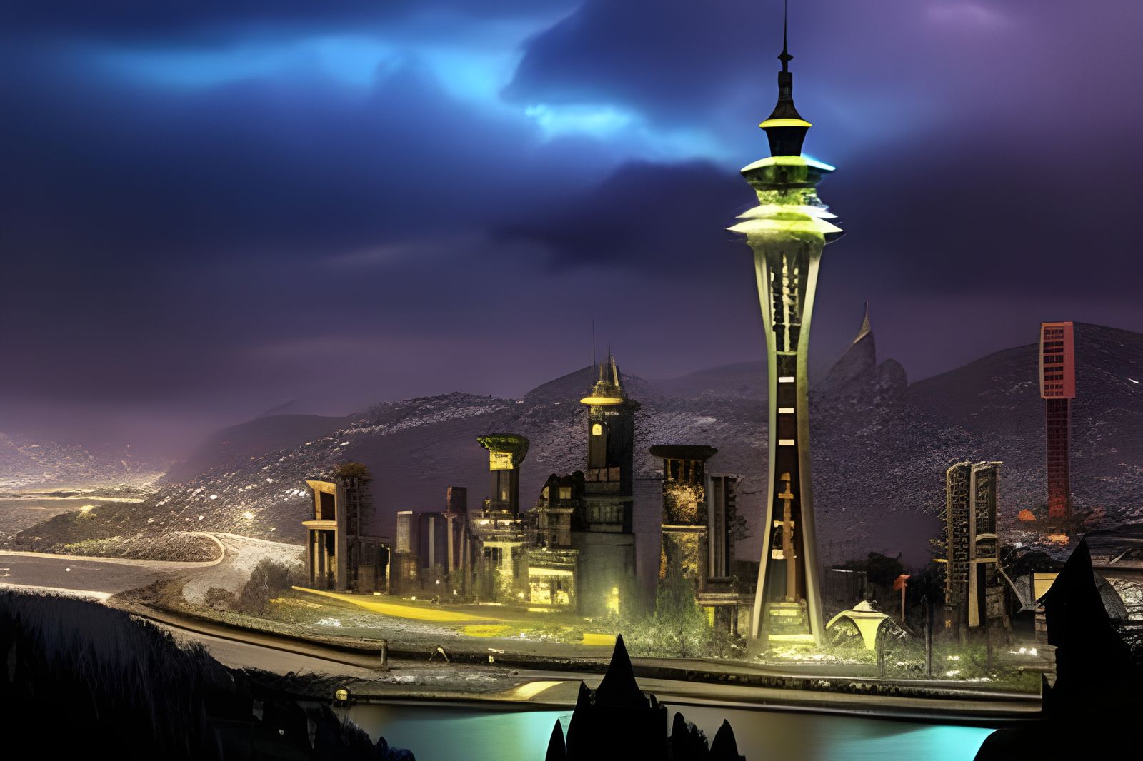 Dark Fantasy Steampunk Seattle at Night