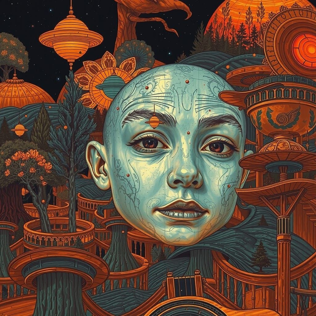 Surreal Double Exposure of Boy, Nature, and Music