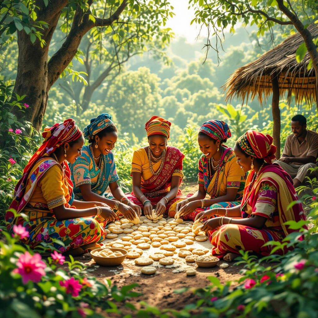 Ethiopian Women Baking Cookies in a Jungle Clearing