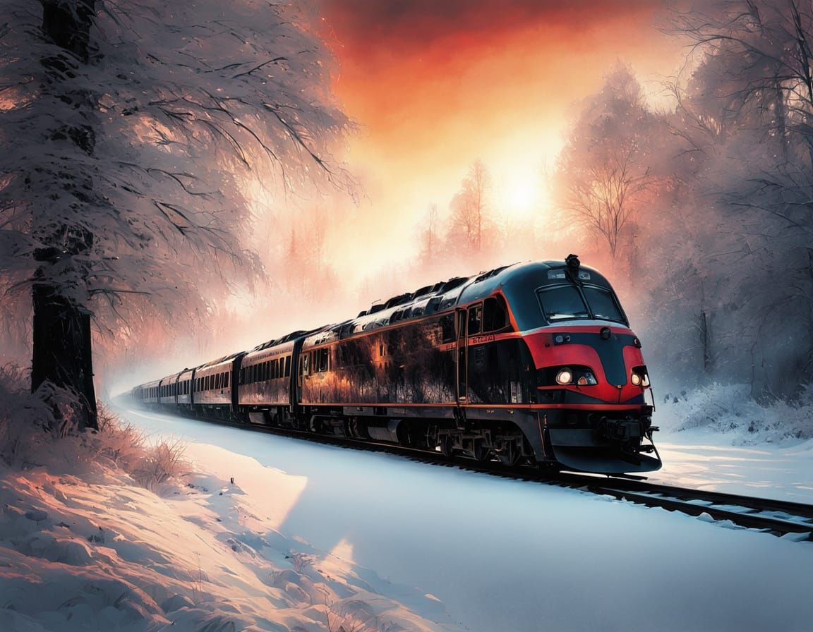 Winter Sunset Train Landscape Double Exposure