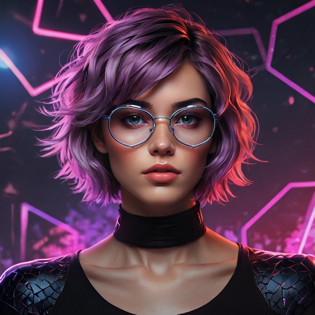 Synthwave Portrait of Woman with Hexagon Glitch Effect