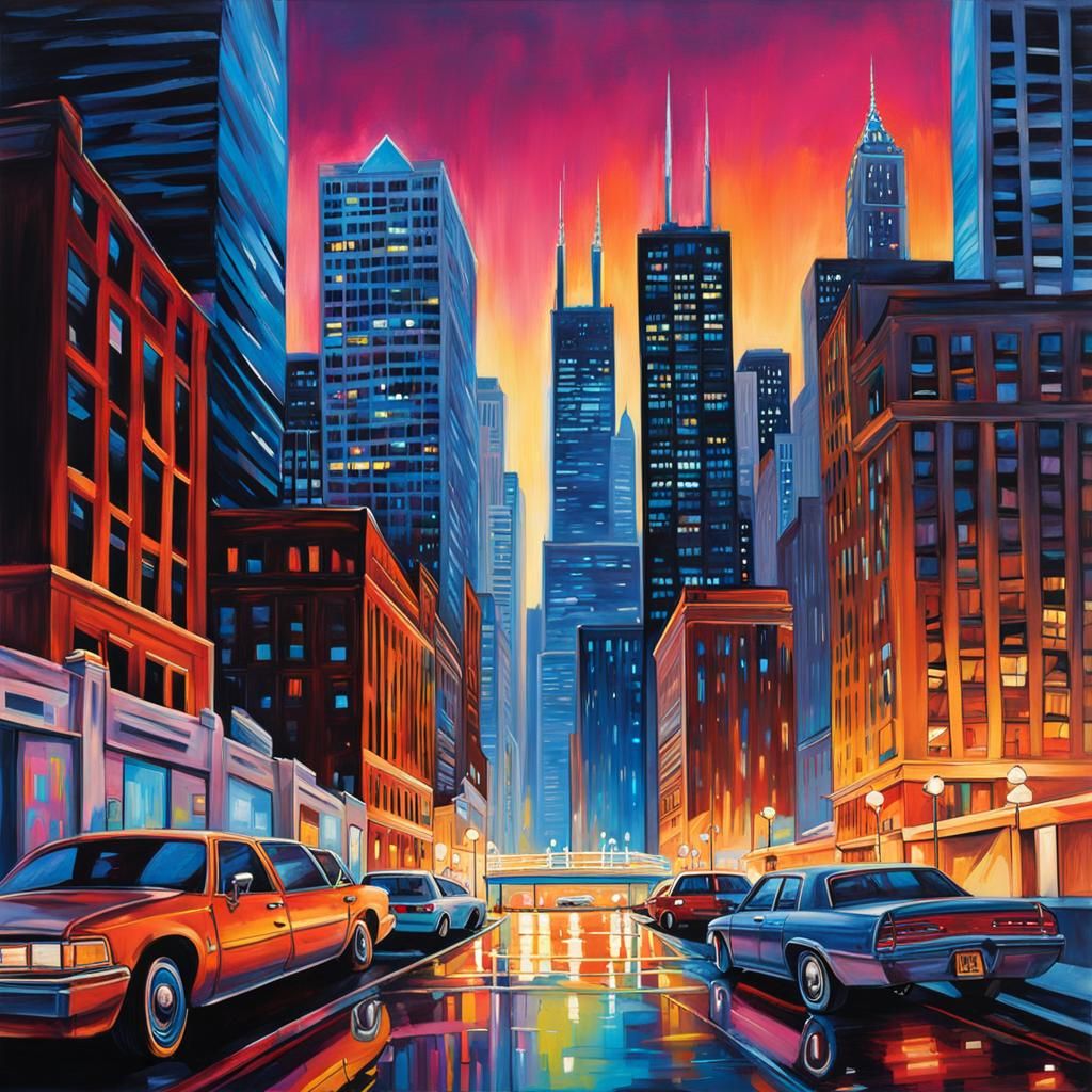 Chicago Night Skyline from Rooftop in Graffiti Art