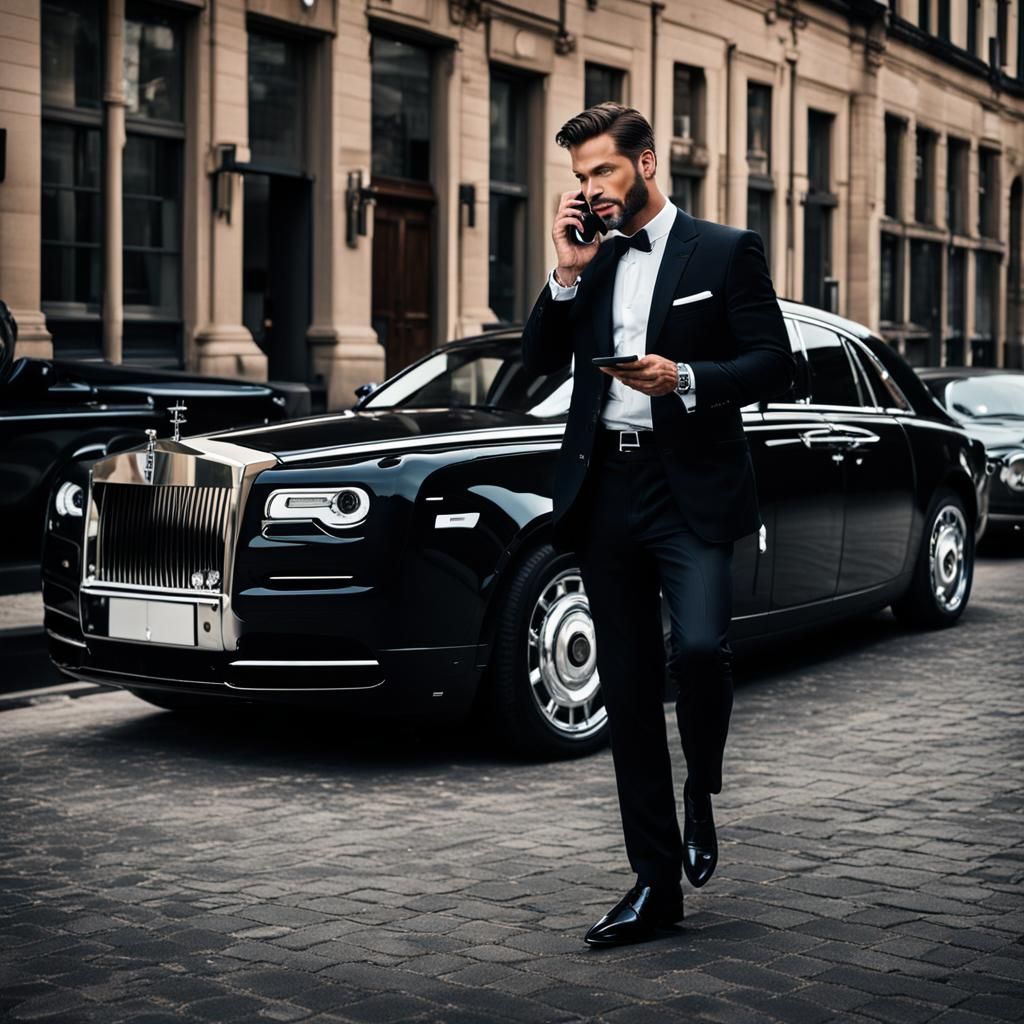Handsome Man in Suit by Rolls Royce