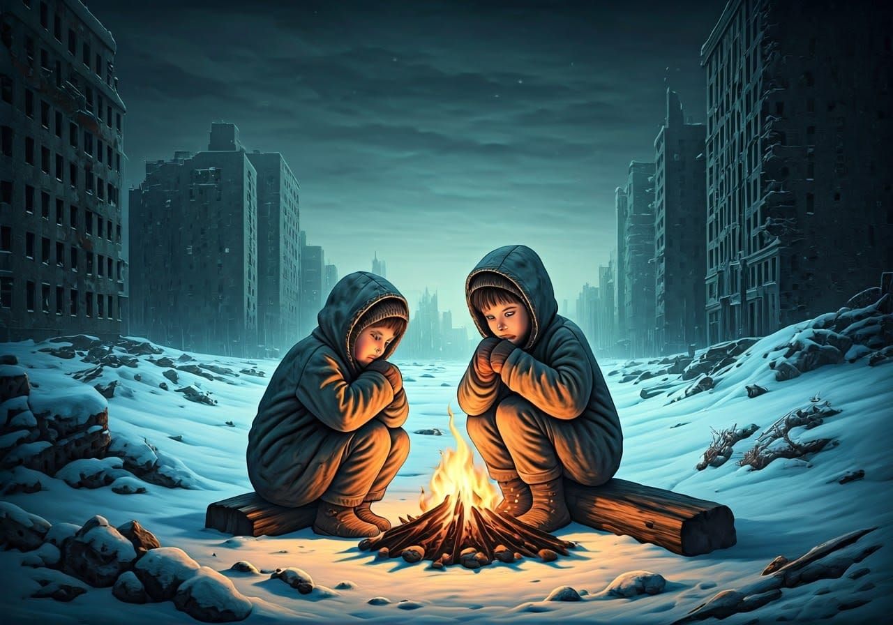 Children in Ominous Winter Landscape in Surrealist Style