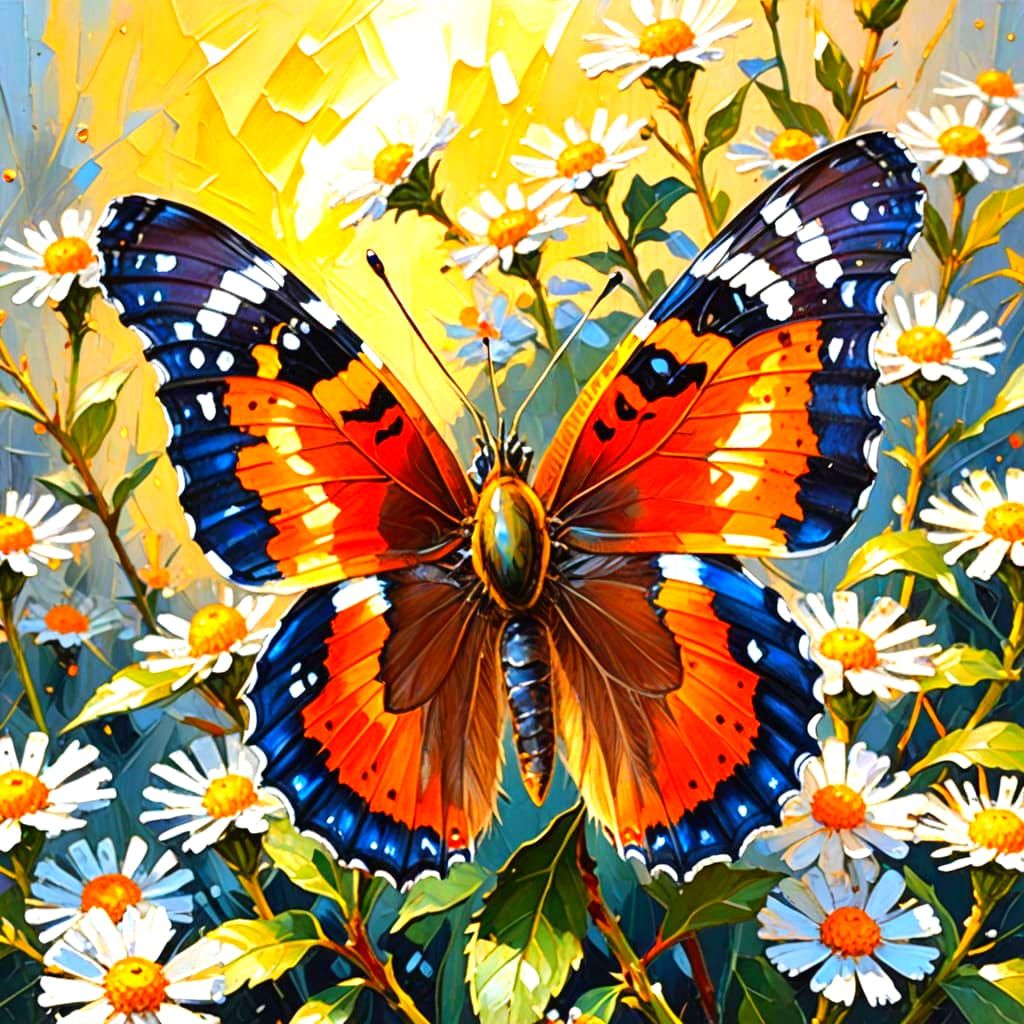 Vibrant Red Admiral Butterfly in Whimsical Garden Scene