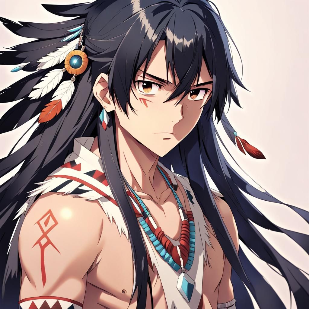 Anime Style Native American Man with Black Hair
