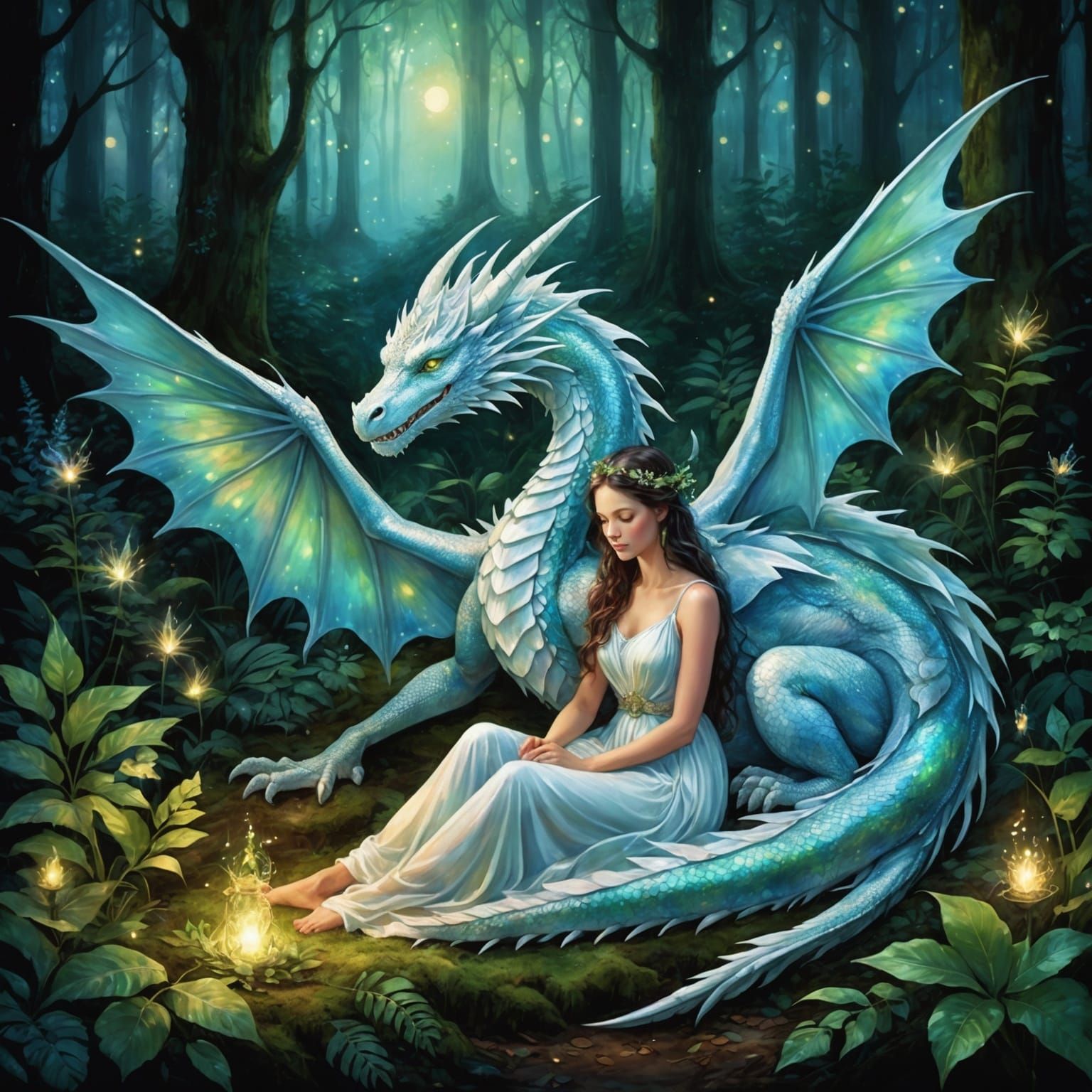 An enchanting image of a iridescent white dragon resting wra...