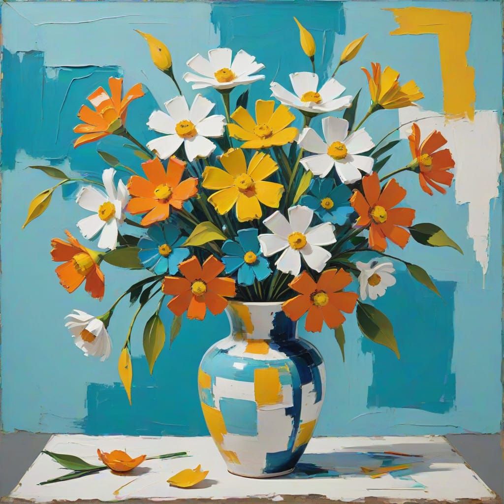 Vibrant Impasto Still Life of Bright Orange and Yellow Flowe...