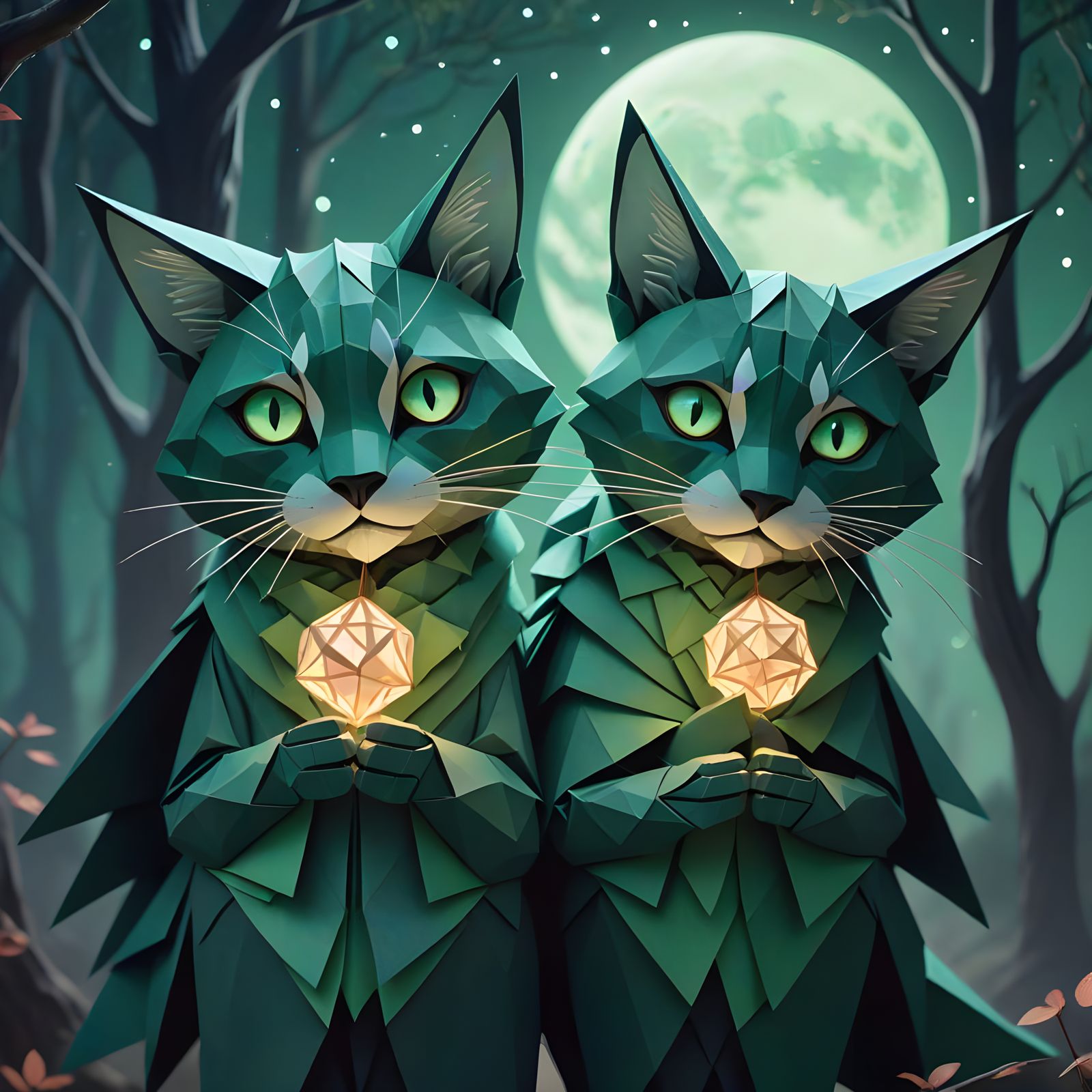 Whimsical Twilight Scene with Emerald Eyes and Origami Detai...