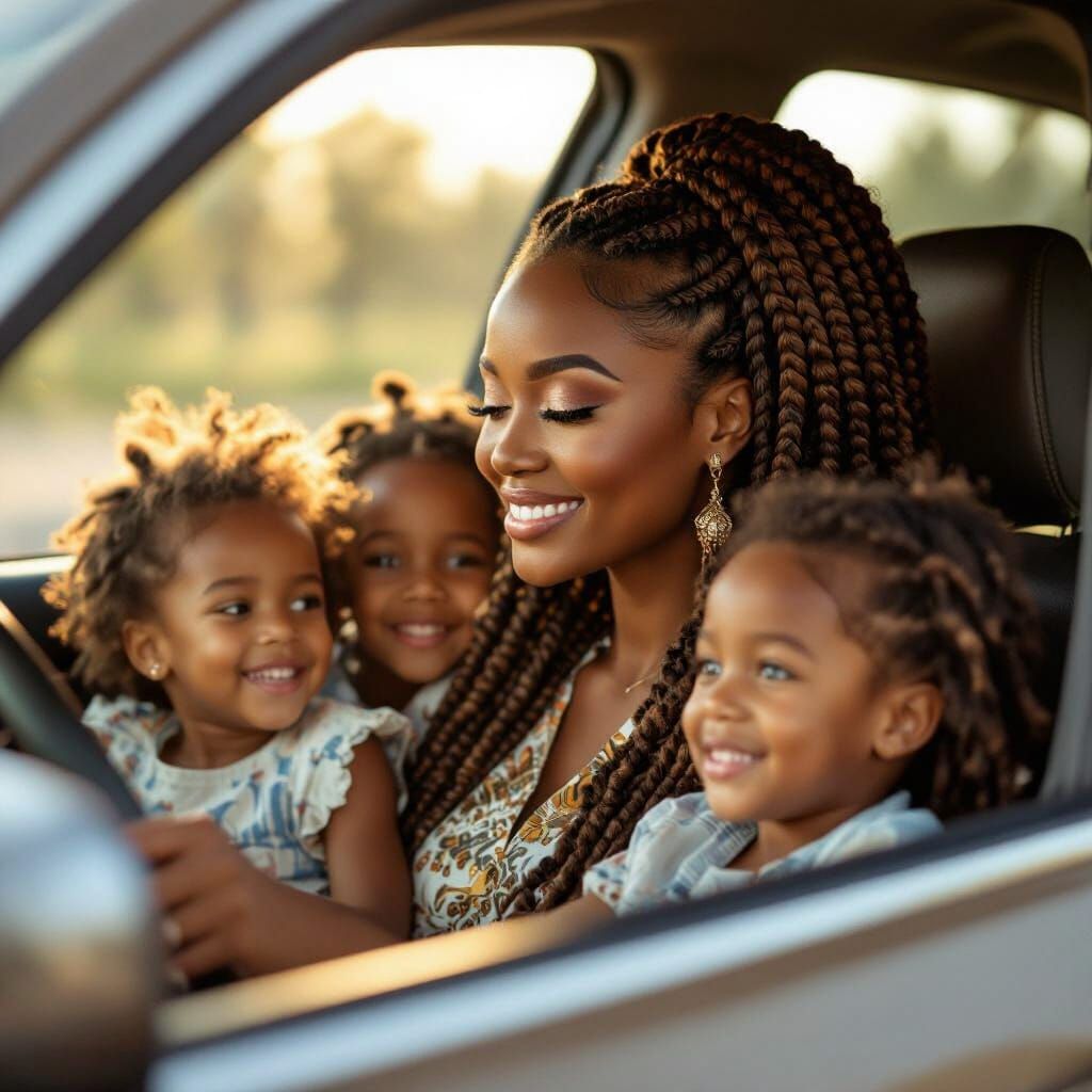 Nigerian Mother and Children in Car, Golden Hour