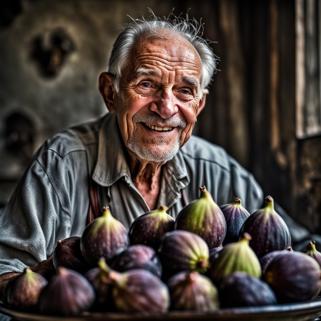 Hyperrealistic Old Man's Joy: A Fig-Filled Smile