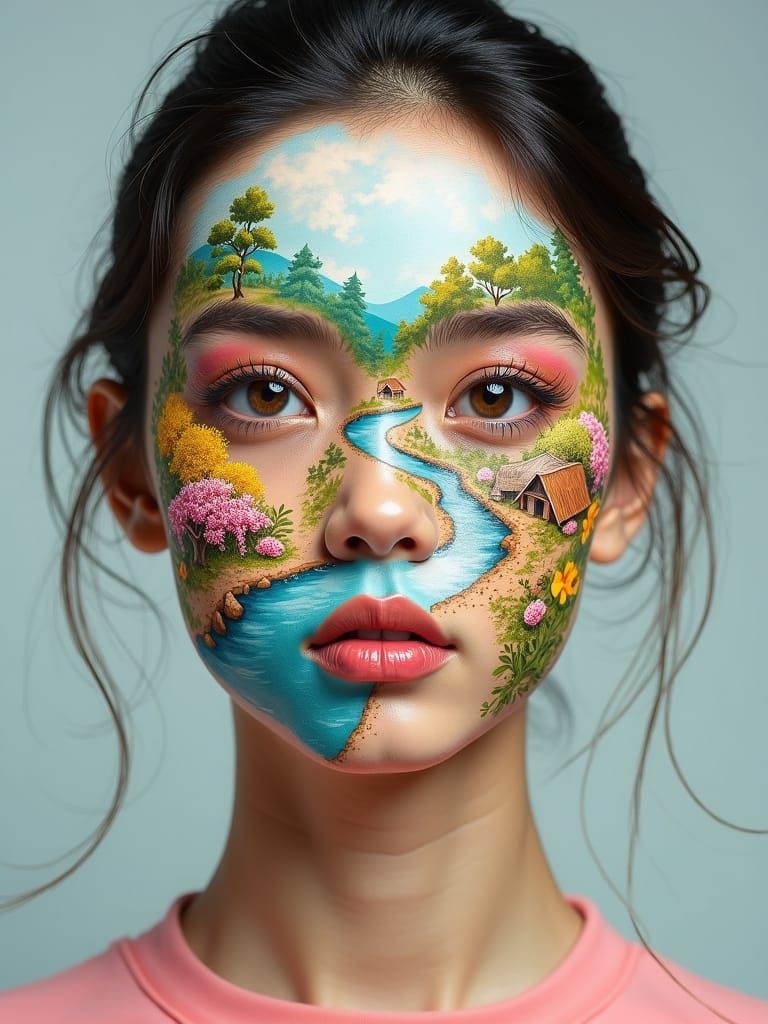 Village Scene on Woman's Face in Splash Art