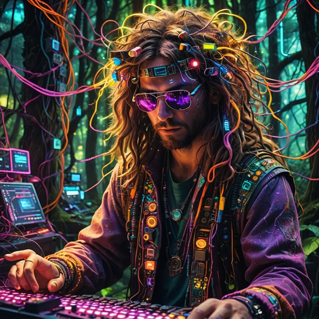 Psychedelic Hacker in Neon Forest: Vibrant Concept Art