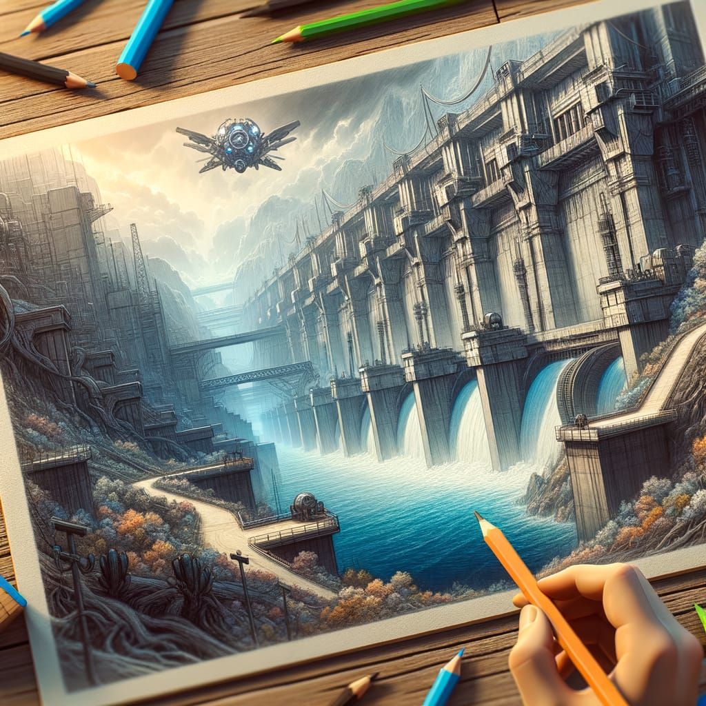 Superhero Lair in Monochromatic Hydropower Dam Pencil Sketch