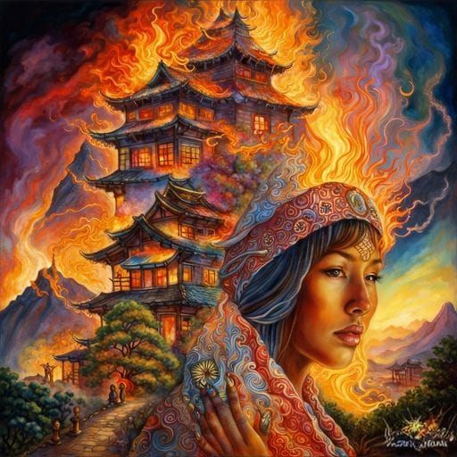 Fiery Mage Conjuring Flames in Fantasy Art