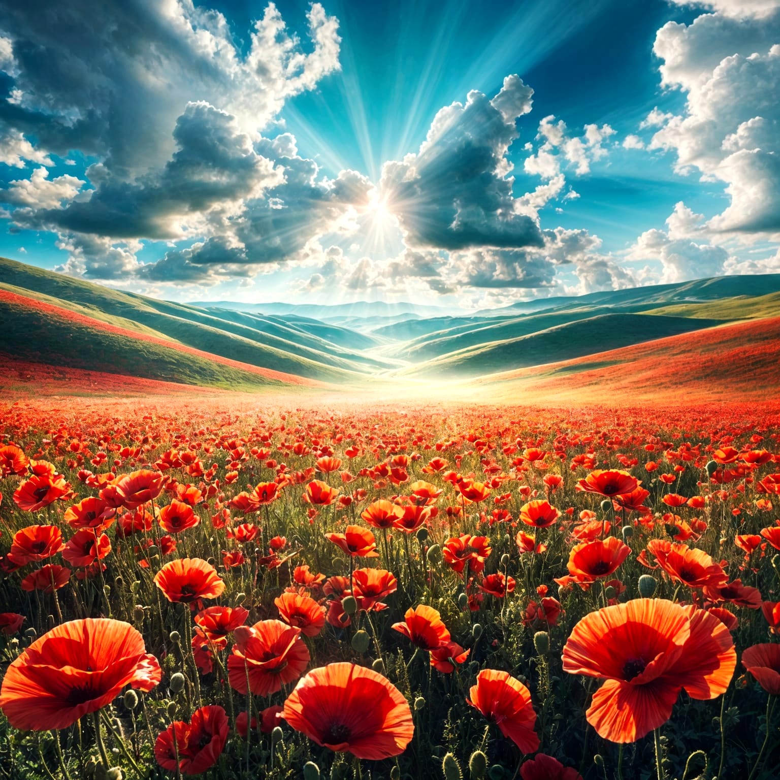 Expansive Poppy Field Under Blue Sky