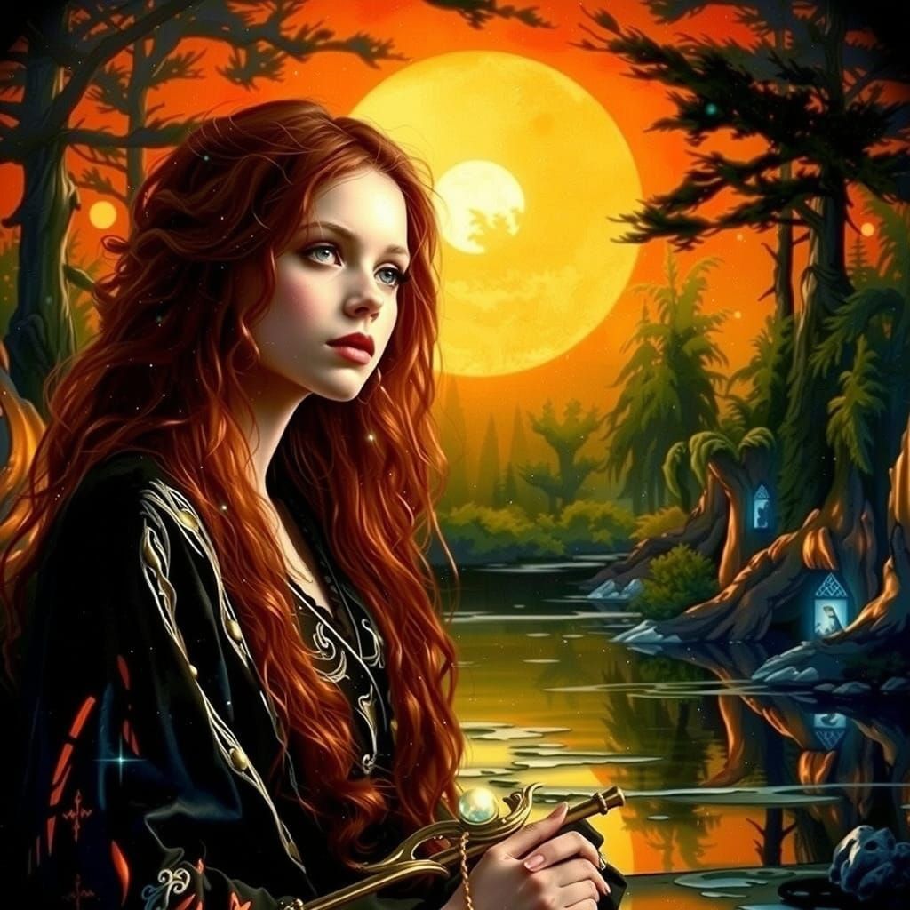 Surreal Sunset Goddess in Enchanted Forest