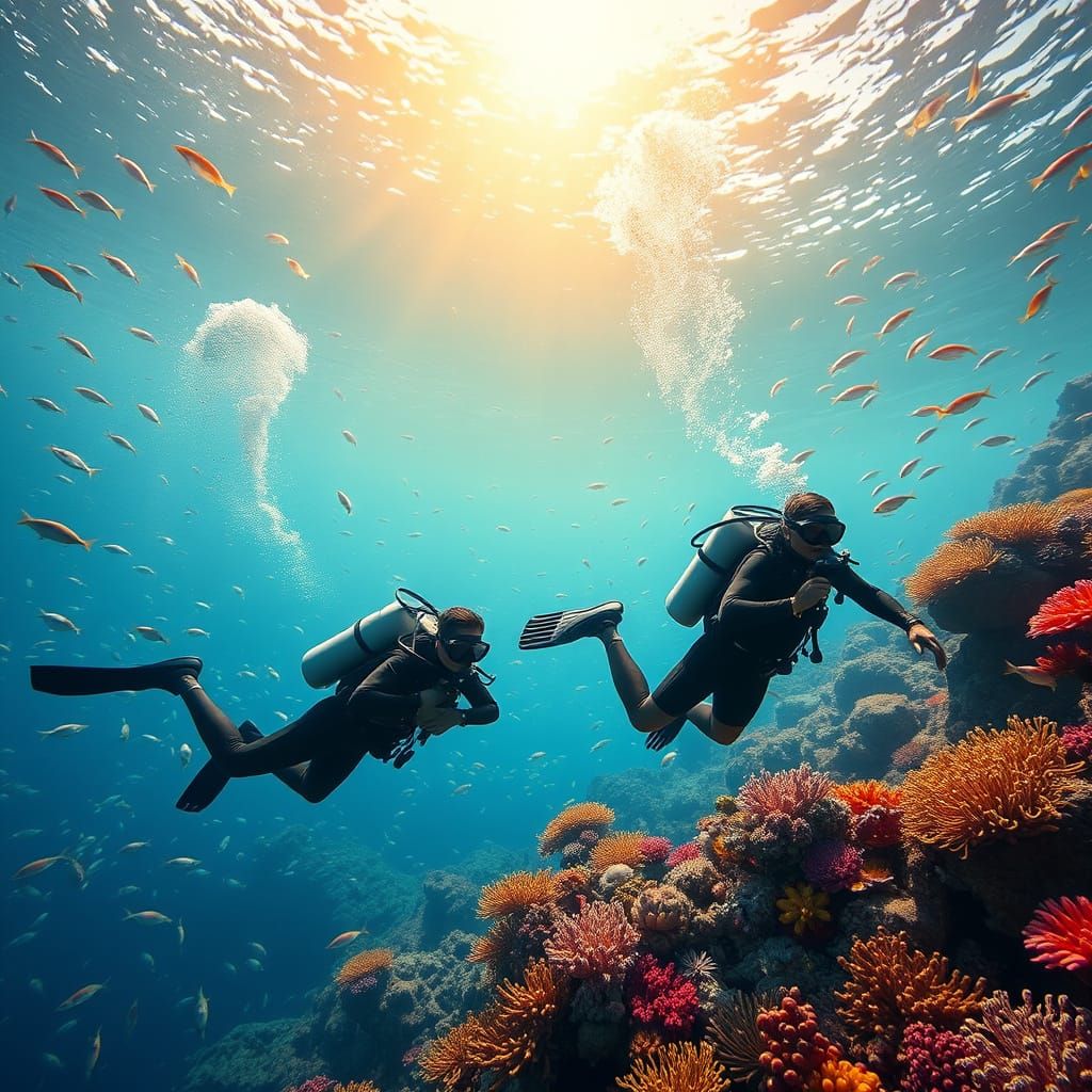 Dreamlike Realism of Divers in a Vibrant Coral Reef
