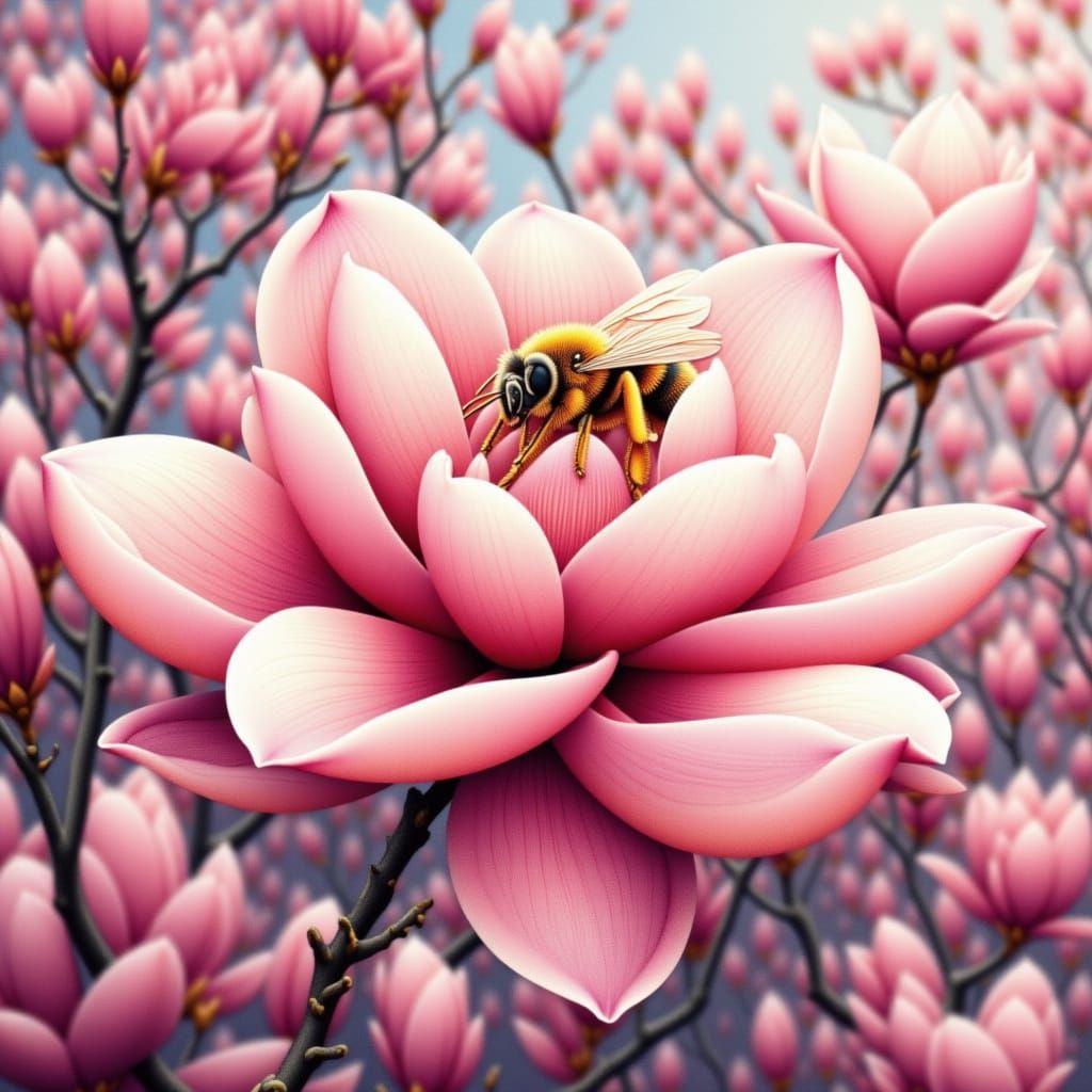 Pink Magnolia Tree with Pixie and Bees, Pointillist Style