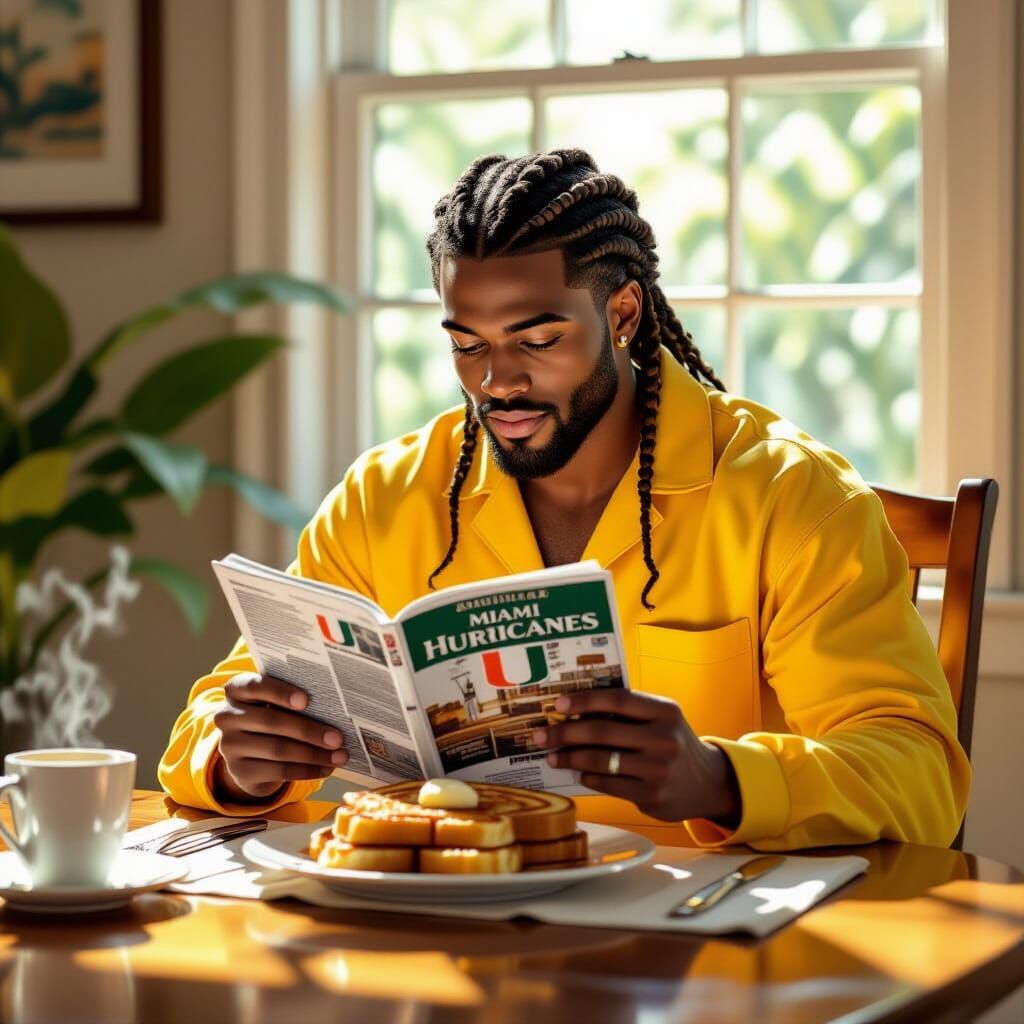 Man Enjoys French Toast Breakfast Reading Sports Magazine