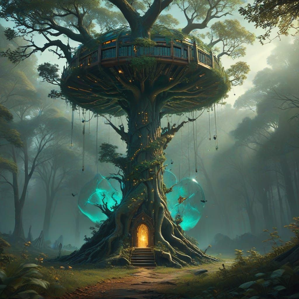 Whimsical Hyperrealist Scene of Ancient Tree and Floating Li...