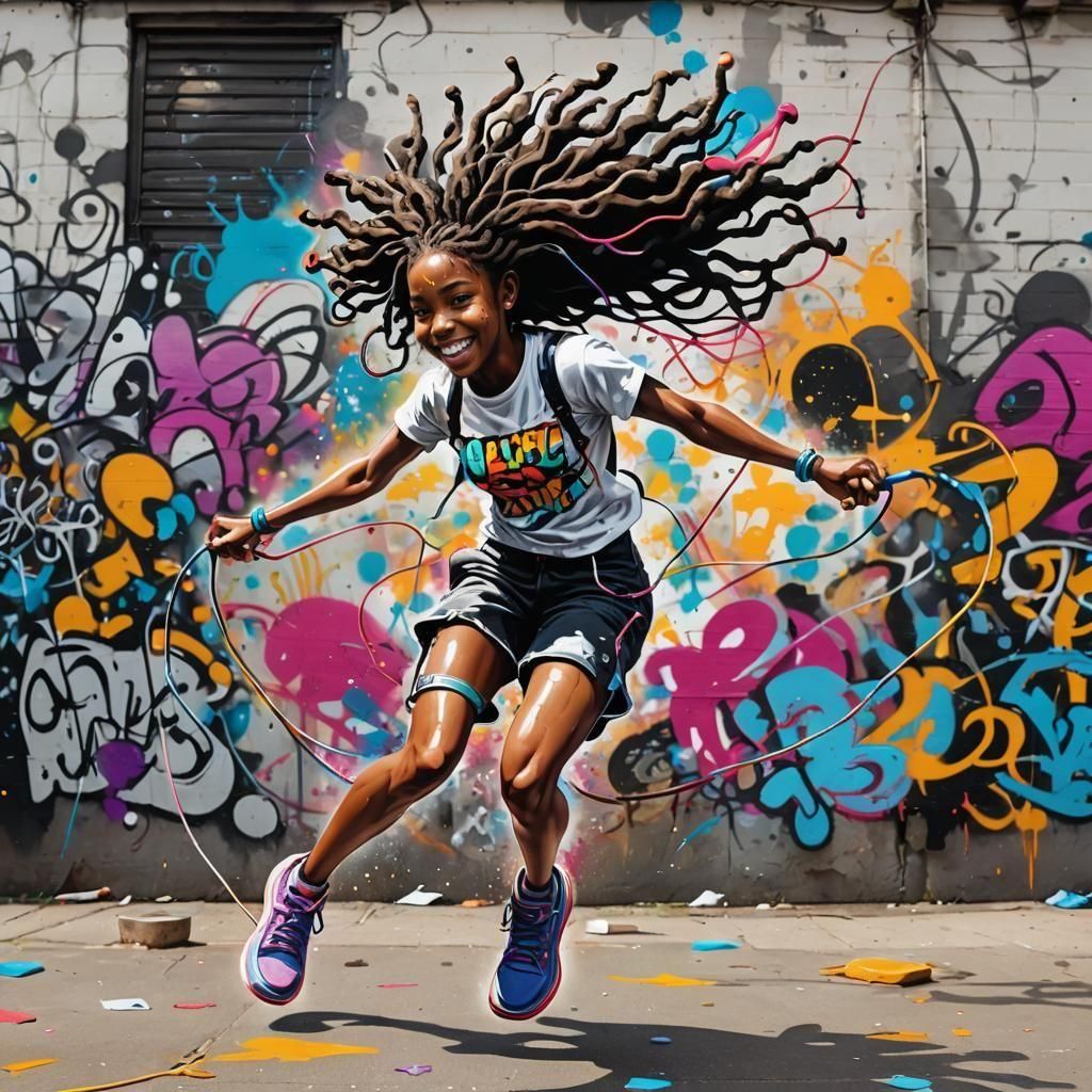 Smiling Girl Jump Roping in Graffiti Street Art