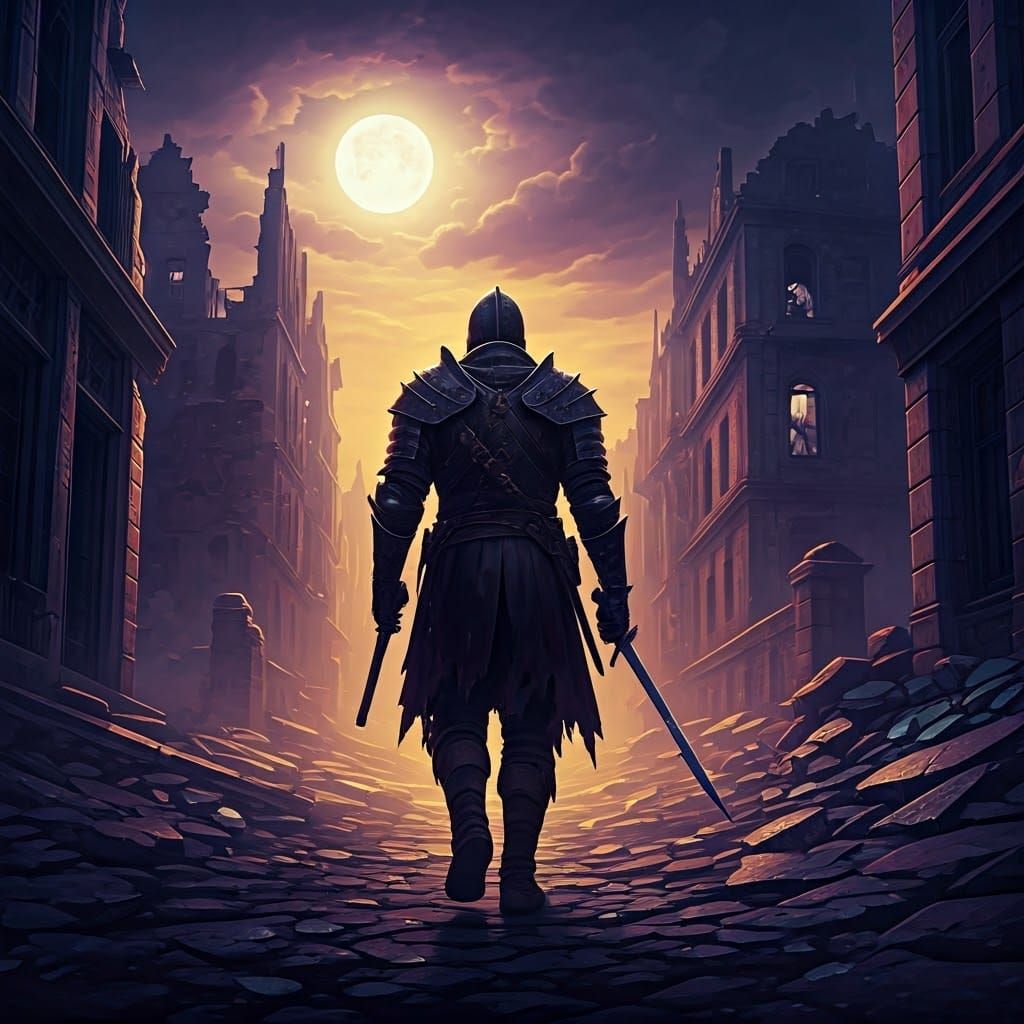 Dark Fantasy Soldier in Ruined City Under Full Moon