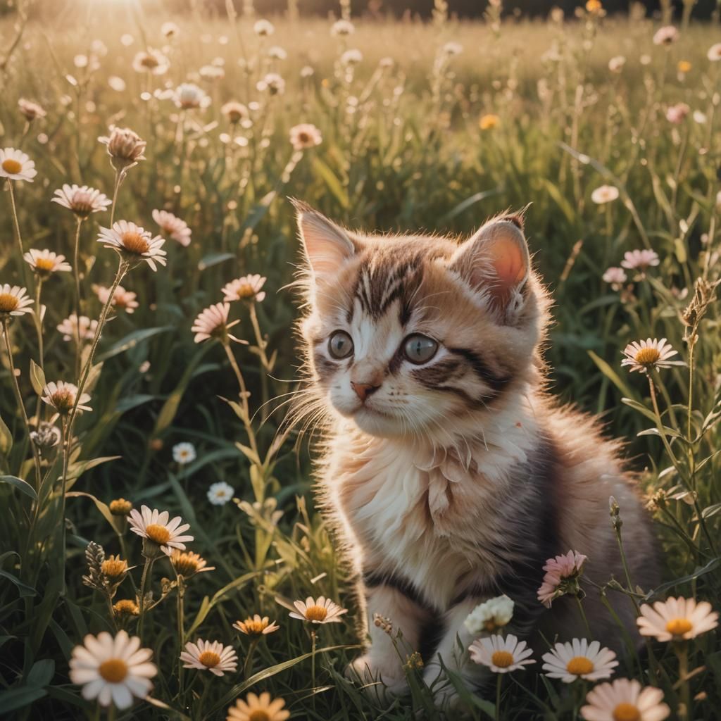 Cute Kitten with Flower Pillow in Meadow