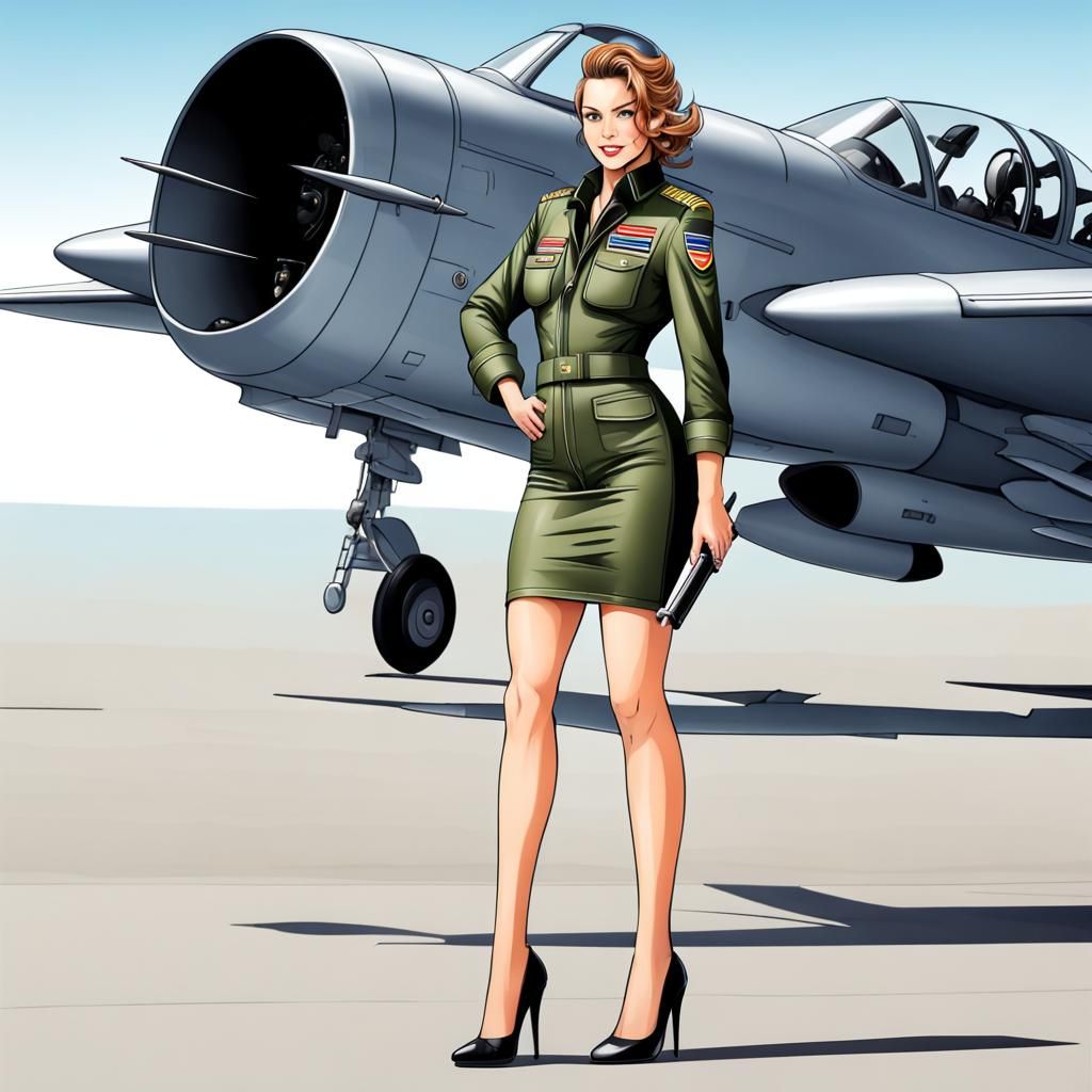 Female Pilot in Flight Suit, Pencil Skirt, High Heels