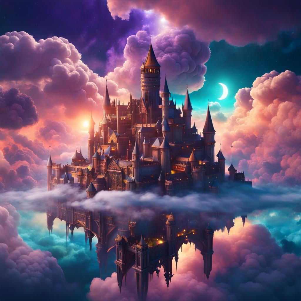 Fantasy City Floating Among Iridescent Clouds
