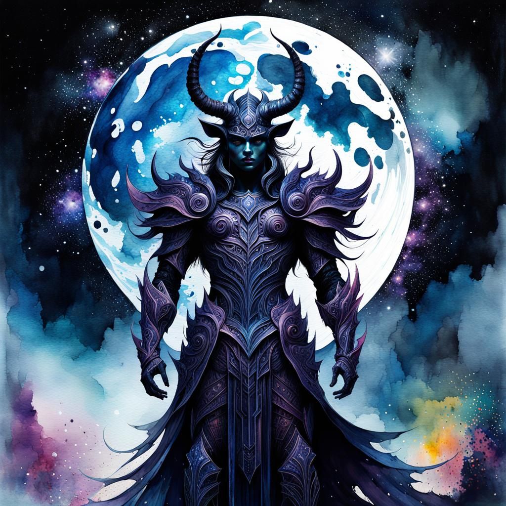 Galaxy Devil Warrior in Watercolor Fairytale Style