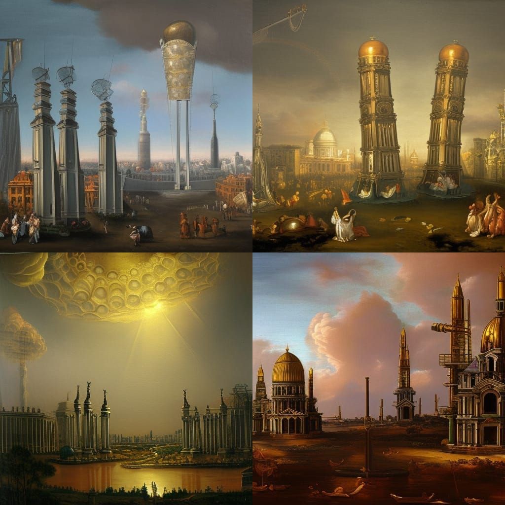 Baroque Cityscape Protected by Energy Dome, Oil Painting