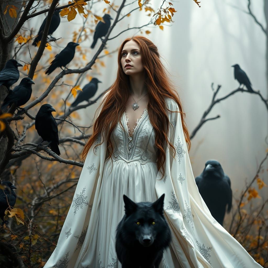 Nordic Witch Amidst Autumn Crows and Majestic Wolf