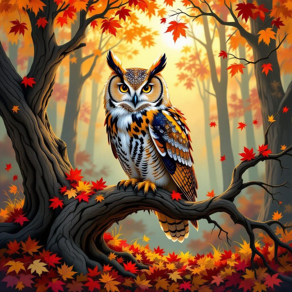 Majestic Owl of Autumn Leaves on Ancient Branch