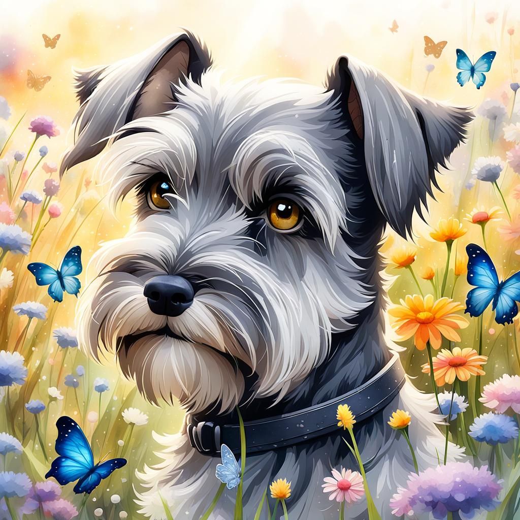 Miniature Schnauzer in Flowery Meadow, Watercolor Art
