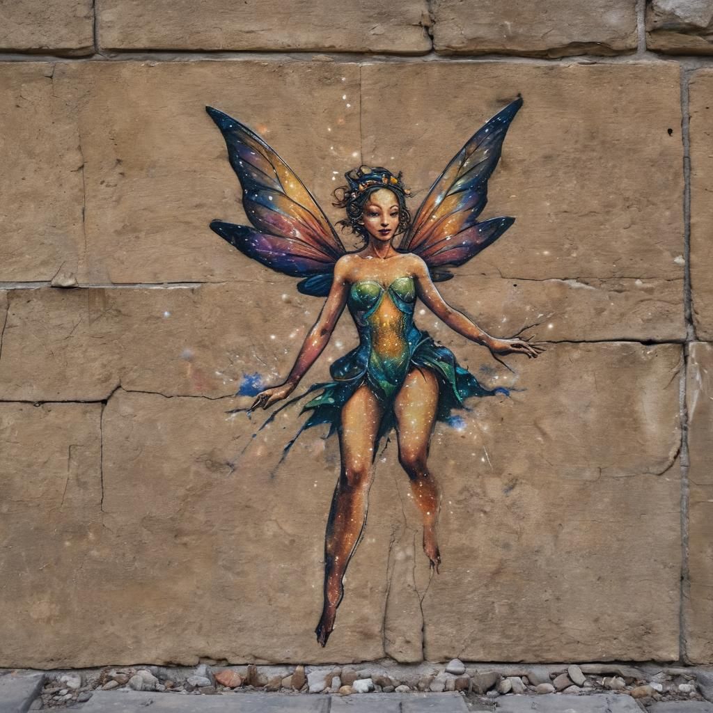Fairy in Deep Space Painted on Brick Wall