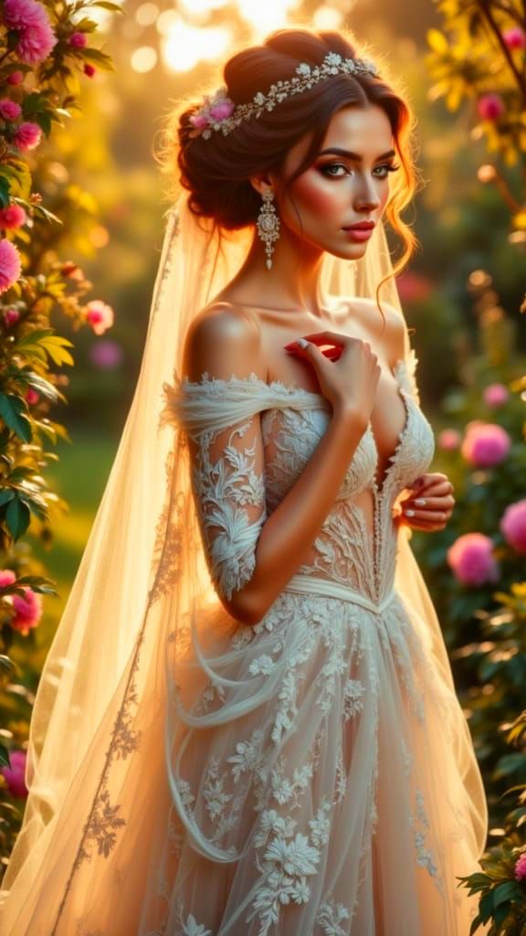 Elegant Bride in Vintage Lace Gown in Sunlit Garden
