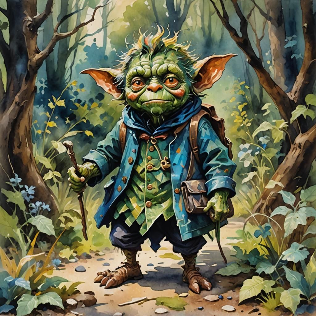 Boggart Imp in Gouache Style Watercolor Painting