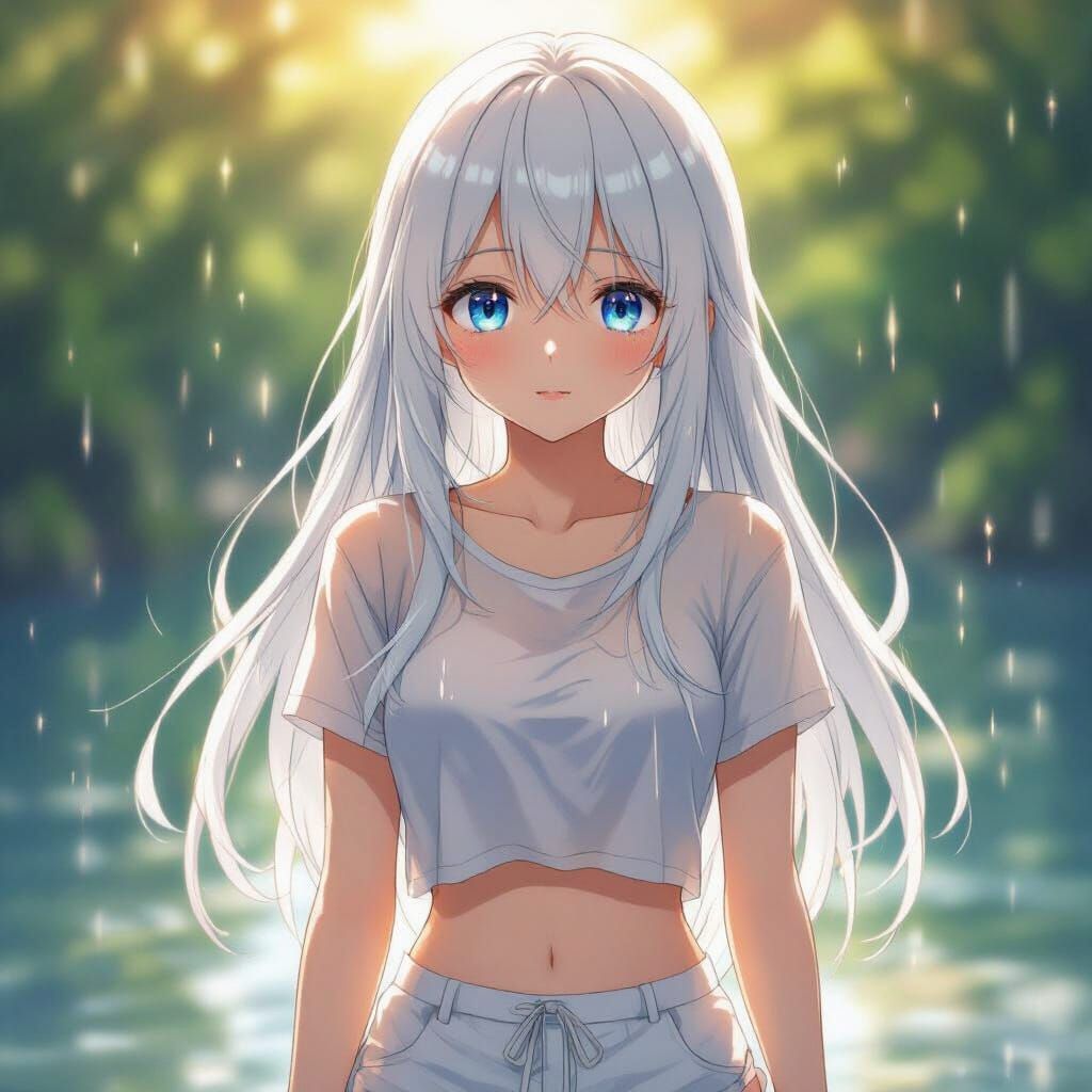 Anime Girl With Wet T-Shirt and Blue Eyes