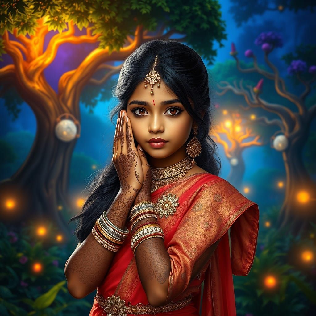 Majestic Indian Goddess in Vibrant, Dreamlike Landscape
