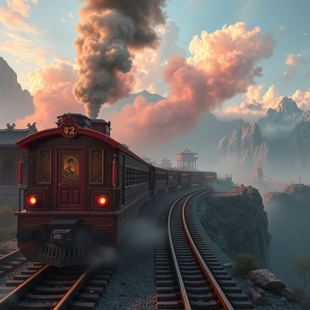 Ethereal Chinese Train in Vibrant Fantasy Landscapes