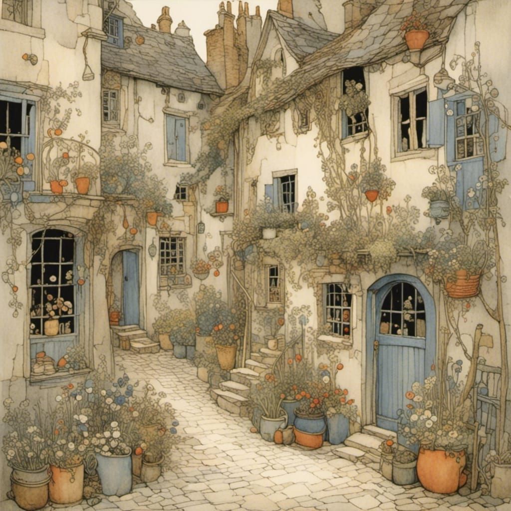 Enchanted Cozy Alley: Intricate Detailed Illustration