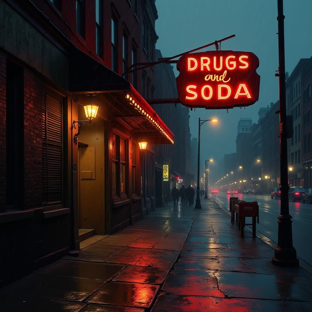 Dark Rainy New York Street Scene in Film Noir Style