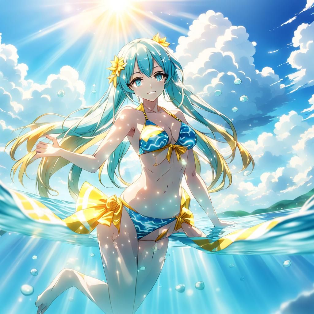 Anime Woman in Bikini with Heavenly Sunshine