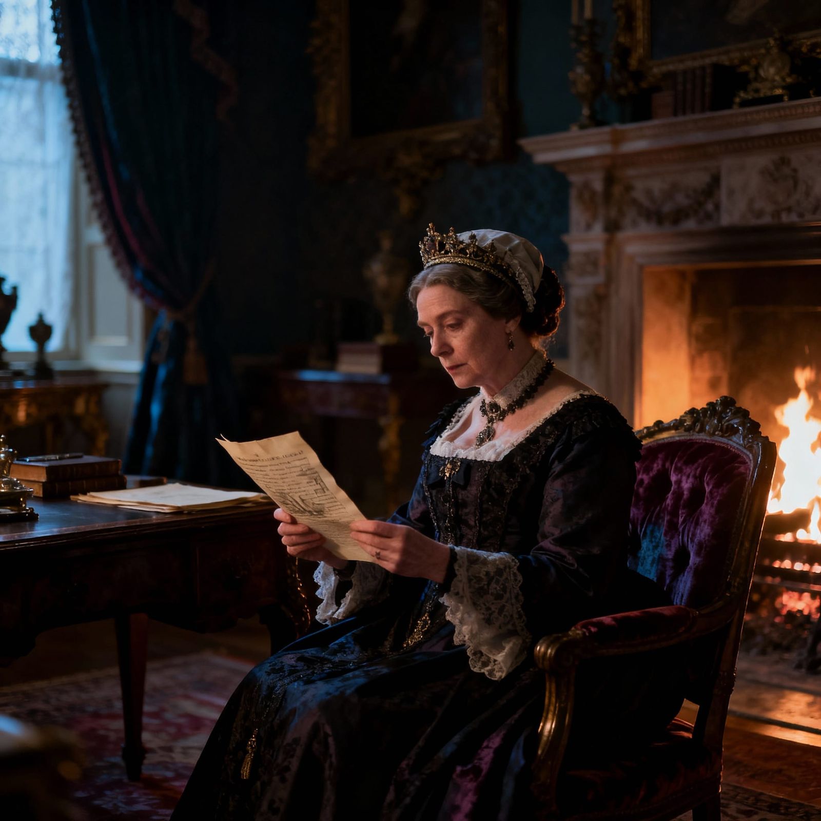 Regal Queen Reads Document in Ornate Study