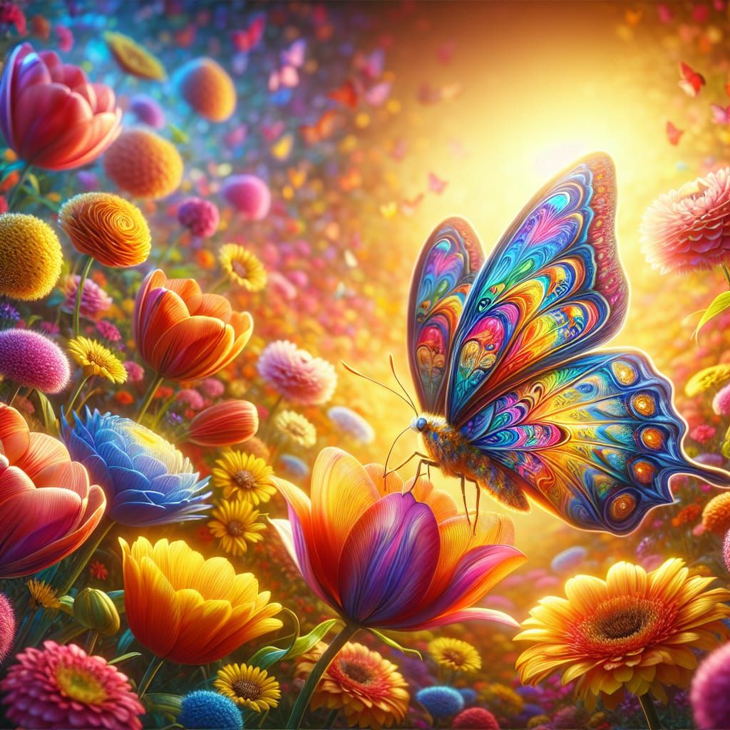 Vibrant Butterfly in a Rainbow Floral Wonderland