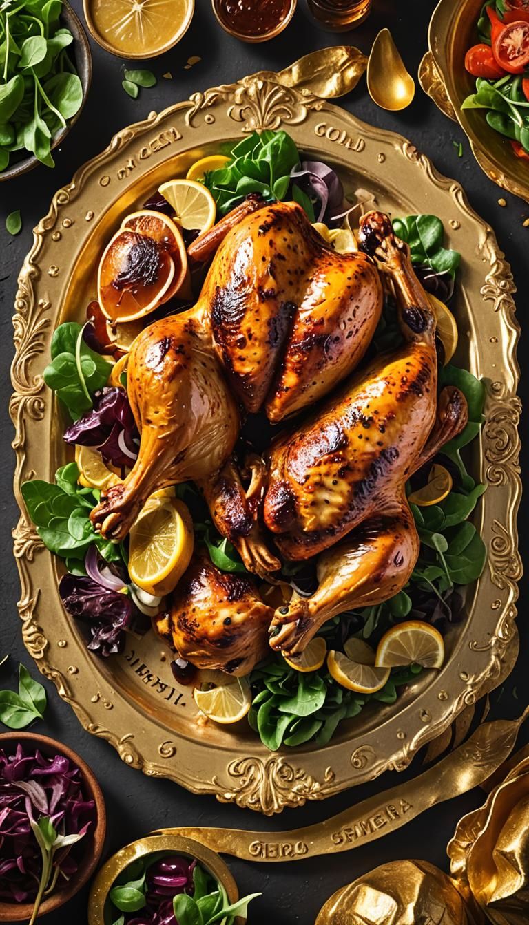 Roasted Chicken on Gold Platter Product Photo
