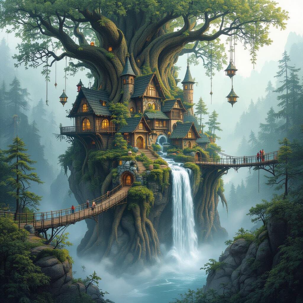 Whimsical Forest City with Cabins and Waterfall