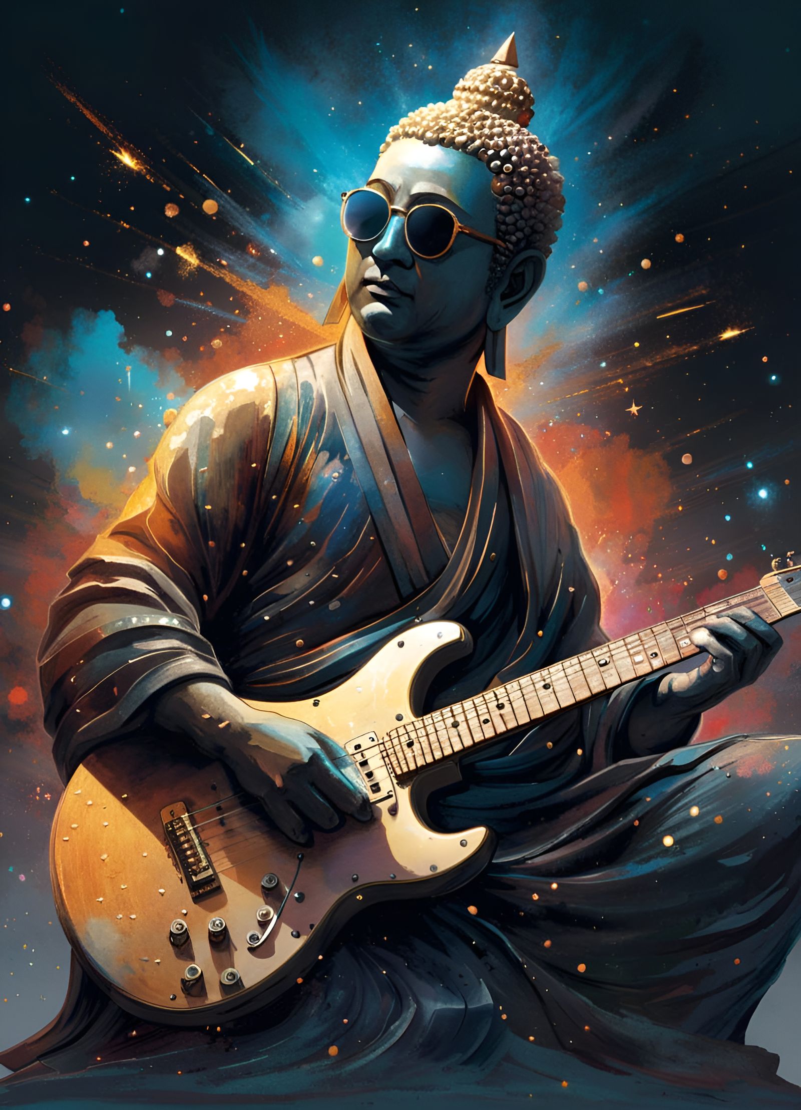 Celestial Buddha Rocks Out with Electric Guitar